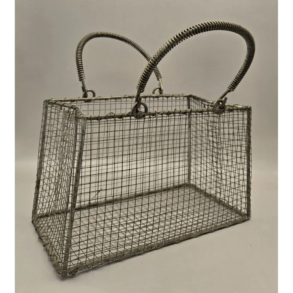 Vintage Metal Basket Purse Gold Toned Wire Mesh With Coil Spring Handles. B#32